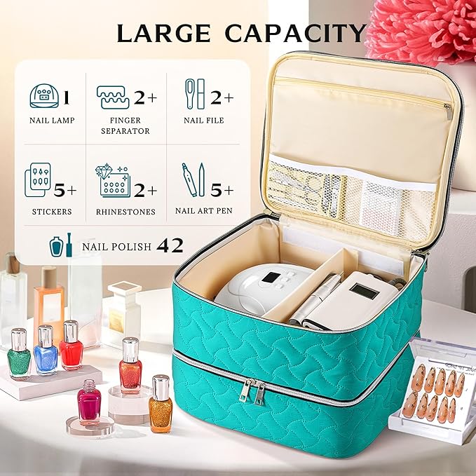DreamGenius Nail Polish Organizer Case Holds 42 Bottles, Portable Double-Layer Nail Polish Storage Bag with Adjustable Dividers for Manicure Tools, Blue