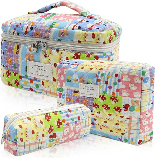 3pc Makeup Bag Set, Quilted Makeup Bag Set, Large Floral Cosmetic Bag for Women, Cute Cotton Makeup Bags, Flower Travel Toiletry Organizer Bag (Cartoon Park Print)