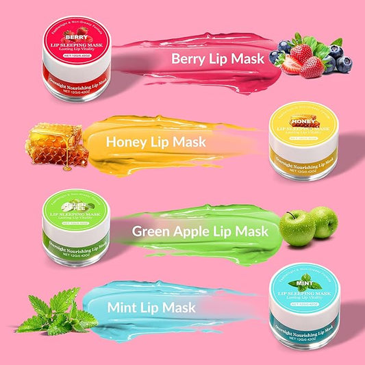 4-Flavor Overnight Lip Mask Set - Hydrating Lip Care for Dry Lips, Gentle Exfoliating Lip Sleeping Mask, Day & Night Moisturizer, Travel-Sized Lip Treatment for Soft, Smooth Lips