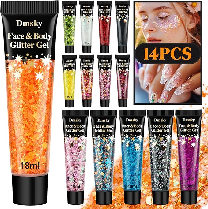 14 Colors Body Glitter,Face Glitter Makeup for Kids Women,Sparkly Chunky Hair Glitter for Eye Lip Nails,Mardi Gras Glitter Makeup Face Paint,Singer Concerts Disco Rave Festival Accessories-Hallowmas