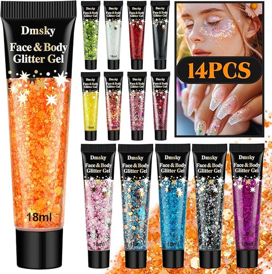 14 Colors Body Glitter,Face Glitter Makeup for Kids Women,Sparkly Chunky Hair Glitter for Eye Lip Nails,Mardi Gras Glitter Makeup Face Paint,Singer Concerts Disco Rave Festival Accessories-Hallowmas