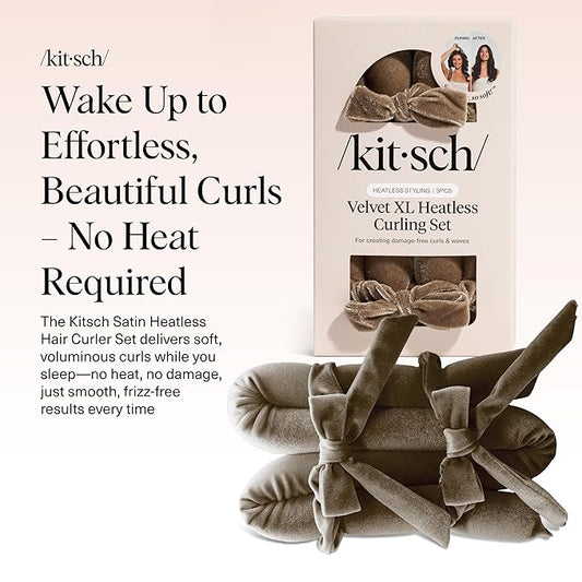 Kitsch Velvet XL Heatless Curling Set - Hair Curler for Heatless Curls Overnight - Flexi Rod & Hair Curlers to Sleep In, No Heat Damage Styling - With Two Velvet Bow Scrunchies - Eucalyptus