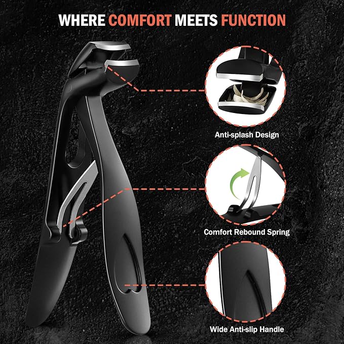 BEZOX Angled Head Toe Nail Clippers for Seniors for Thick Nails - Ergonomic Toenails Clipper for Thick Toenails, Premium Finger Nails Clipper for Adult with Catcher - Black