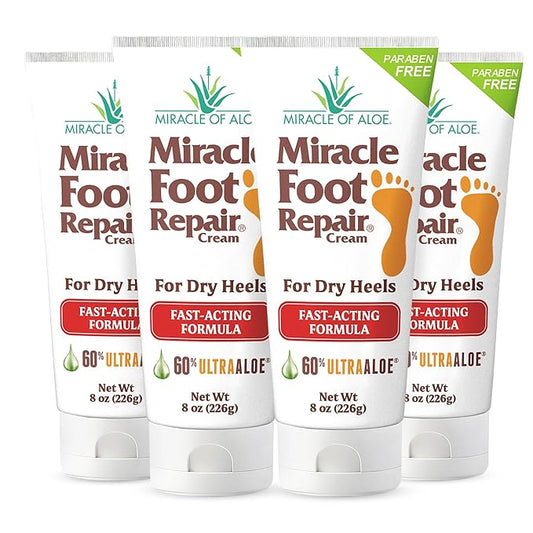 Miracle Foot Repair Cream (8 oz / 4-Pack) Repairs Dry Cracked Heels and Feet, 60% Pure UltraAloe Moisturizes, Softens, and Repairs