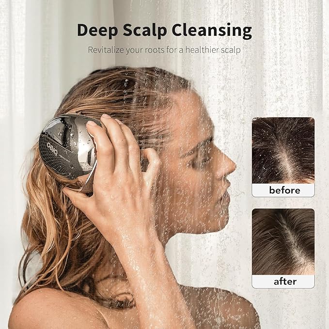 Breo Portable Mini Scalp Massager – IPX7 Waterproof Rechargeable Head Massager for Scalp Relax, Stress Relief Tool with Bamboo Wood Charging Base, Removable Massage Nodes (Silver with Base)