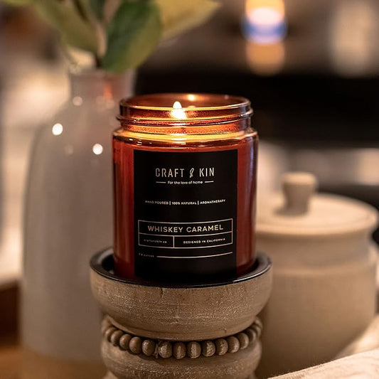 Whiskey Caramel Scented Candle & Reed Diffuser Bundle | Masculine Scented Set | Jasmine & Lily Fragrance | Rustic Home Decor Set