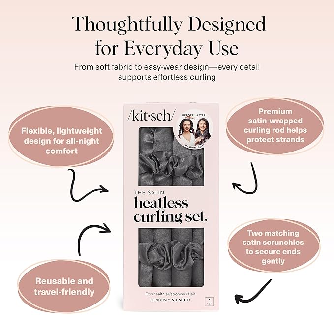 Kitsch Holiday Gift Silk Heatless Hair Curler | Heatless Curling Rod Headband | Satin Heatless Curling Set for Hair | Perfect Heatless Curls (Charcoal)