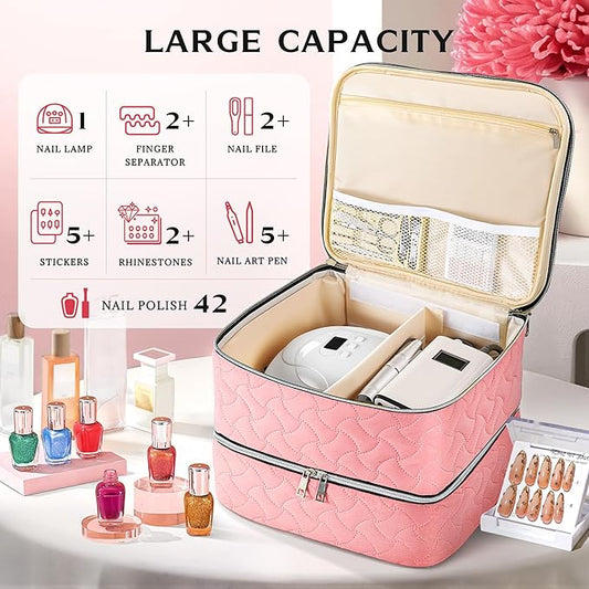 DreamGenius Nail Polish Organizer Case Holds 42 Bottles, Portable Double-Layer Nail Polish Storage Bag with Adjustable Dividers for Manicure Tools, Pink