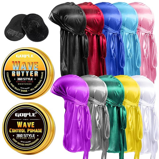 Silky Durags for Men Wave Pomade Strong Hold Easy Wash 360 Wave Training Hair Cream, Wave Butter Waves Grease for Men Promotes Layered Waves Silky Satin Durag Extra Long Tails Wave Brush Wave Cap Set