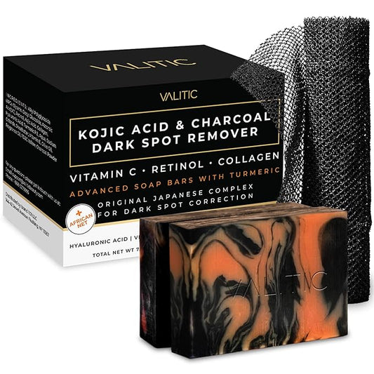 VALITIC Charcoal Kojic Acid Turmeric Black Soap Bar Dark Spot Remover for Body or Face Wash - 2 Pack and African Net Sponge