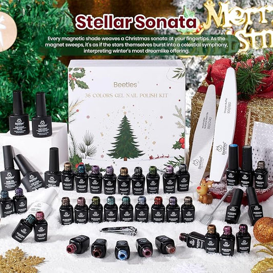 Beetles Stellar Sonata Cat Eye Gel Nail Polish Set - 36 Colors Christmas Gel Nail Kit Magnetic Red Green Purple Brown Burgundy Base Glossy Matte Top Coat Soak off UV Salon Nail Art Gift for Women