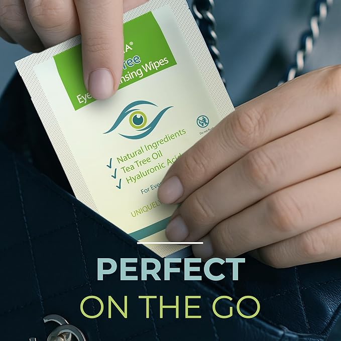 NOVEHA 180PCs Tea Tree Oil Eyelid & Lash Wipes With Hyaluronic Acid, Green Tea & Chamomile For Blepharitis & Itchy Eyes, Individually Wrapped Eyelash Wipes Natural Makeup Remover & Daily Cleanser