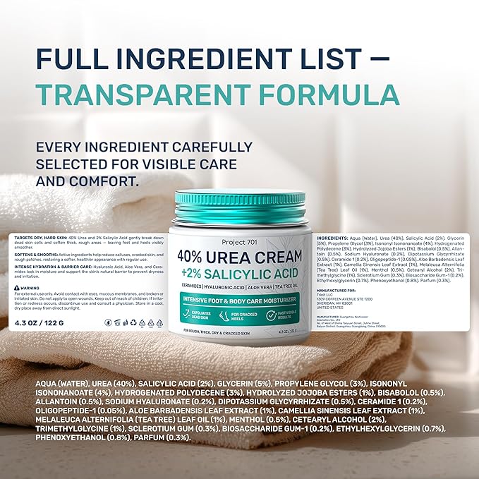 Urea Cream 40% & Salicylic Acid – Intensive Callus Remover for Feet – Maximum Strength Exfoliating Lotion with Ceramides, Peptides & Tea Tree – Repair Dry Cracked Heels & Corns – 4.3 oz