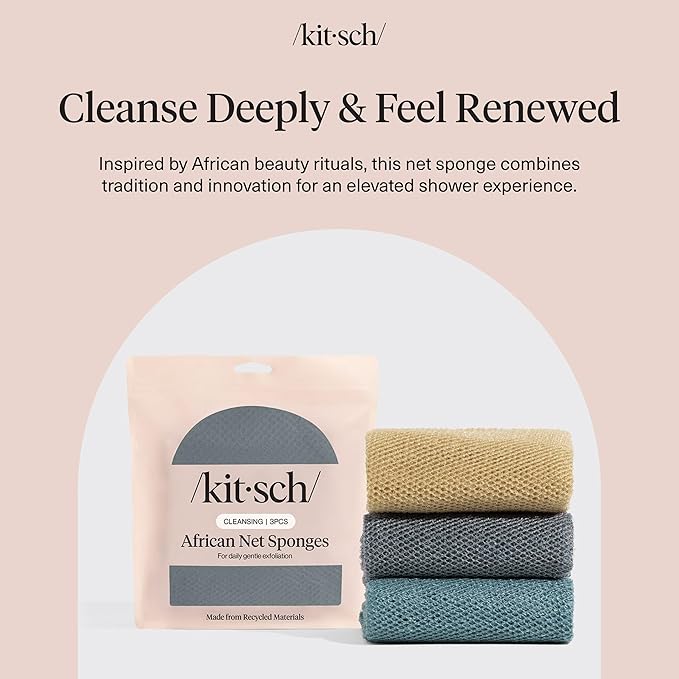Kitsch African Net Sponge – Exfoliating Body Scrubber for Cleansing & Gentle Daily Exfoliation – Stretchable Bath Sponge for Hard-to-Reach Areas, Long-Lasting Shower Essential - Aqua Grey, 3 Pcs