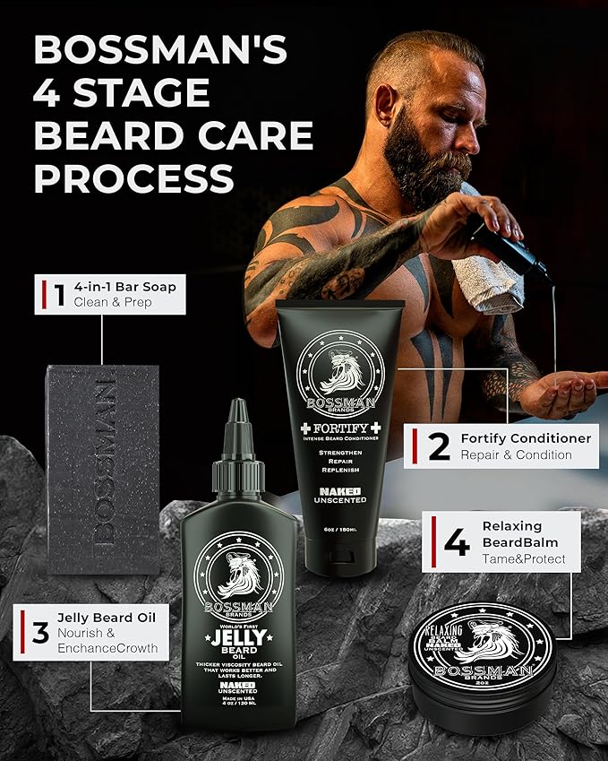 Bossman Fortify Intense Beard Conditioner for Men (Naked - Unscented) – Moisturizes, Replenishes & Protects with Natural Ingredients – Thicker Formula, Made in USA