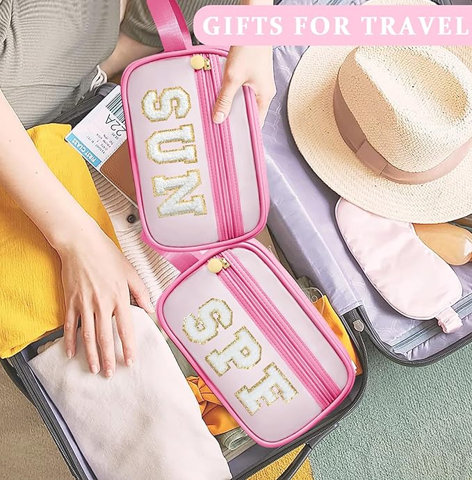 COSHAYSOO Clear Sunscreen Bag Makeup Toiletries Pouch Beach Vacation Essentials Summer Travel Stuff Accessories Personalized Graduation Gifts for Her Women College Teen Girls Teacher Nurse Pink SUN