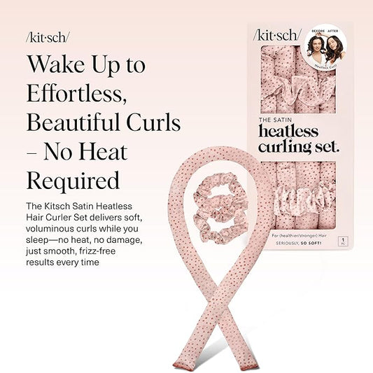 Kitsch Satin Heatless Curling Set – Heatless Curls Overnight with 34" Hair Curler & 2 Satin Scrunchies – Comfortable Hair Curlers to Sleep In for Frizz-Free, No Heat Damage Styling - Micro Dot
