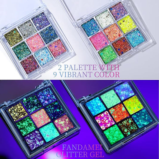 FANDAMEI Glow in The Dark Glitter, 2 Glitter Gel Palette 18 Grids Face Body Hair Glitter for Glow in The Dark Glitter Makeup, Face Glitter for Kids Women for Halloween Rave Concert Face Paint
