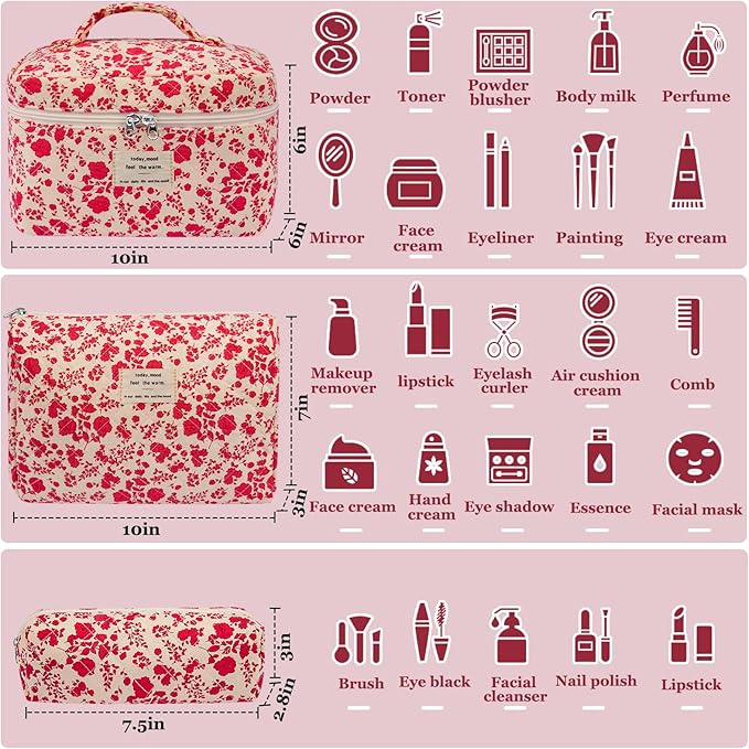 3pc Makeup Bag Set, Quilted Makeup Bag Set, Large Floral Cosmetic Bag for Women, Cute Cotton Makeup Bags, Flower Travel Toiletry Organizer Bag (Bright Pink)