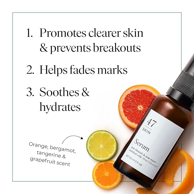 47 Skin | Hydrating Face Serum with Silver Chitoderm for ALL Skin Types | Clears Acne, Prevents & Heals Breakouts & Blemishes, Repairs Scars | Moisturises and Nourishes For Smooth Skin | 15ml