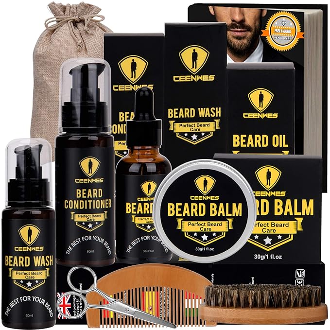 Ceenwes Upgraded Beard Grooming Kit - Conditioner, Oil, Brush, Comb, Balm, Scissors, Storage Bag for Beard and Mustache Trimming, Perfect Men's Gift