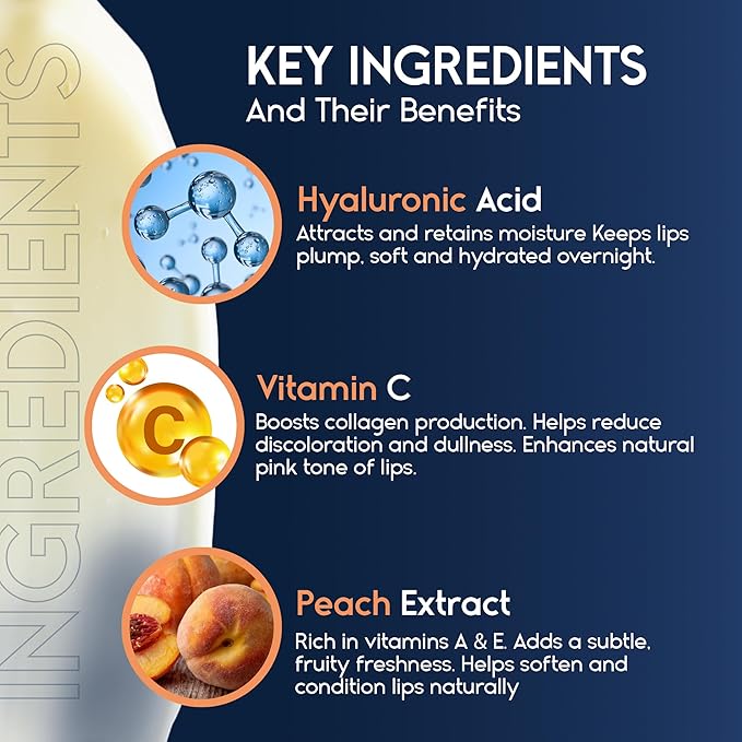 Lip Mask Overnight with Hyaluronic Acid & Collagen, Lip Sleeping Mask for Dry Cracked Lips, Moisturizing, Hydrating, Exfoliating Night Treatment for Lip Care (Peach) (0.7, Peach)