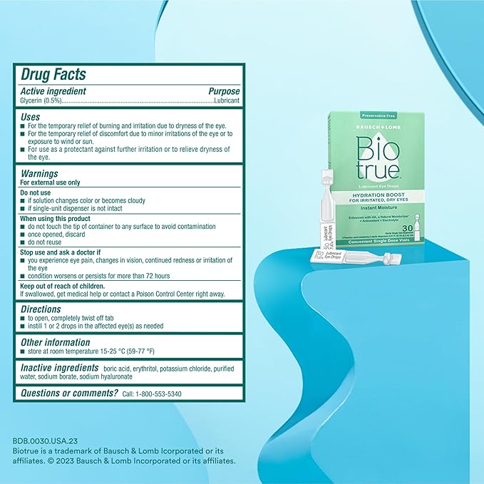 Biotrue Hydration Boost, Preservative-Free Eye Drops for Dry Eyes, Instantly Moisturizes, Rehydrates, Contact Lens Friendly, Refresh & Relieve Eye Irritation, 30 Single-Use Vials (Pack of 1)