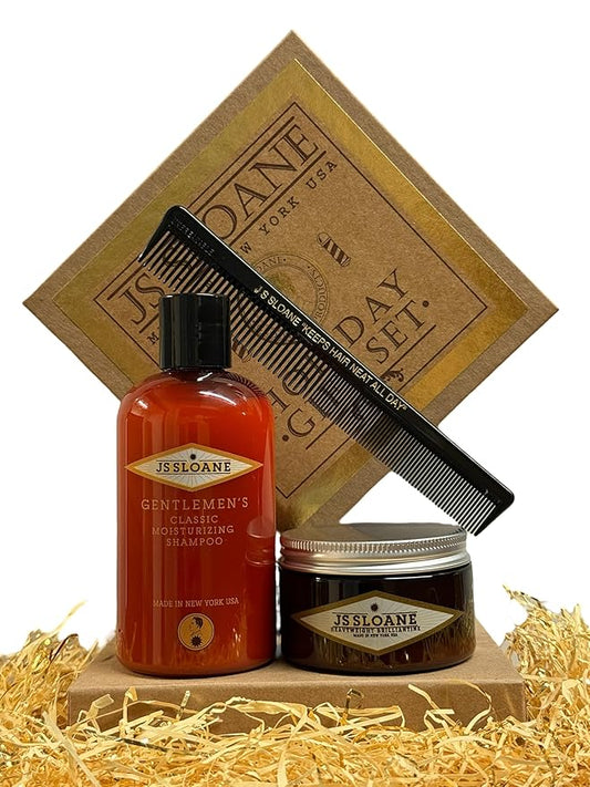 JS Sloane Holiday Gift Set for Men | Includes Gentleman’s Classic Moisturizing Shampoo, Pomade & Comb | Luxury Hair Care & Styling Kit (Heavyweight Brilliantine Pomade)