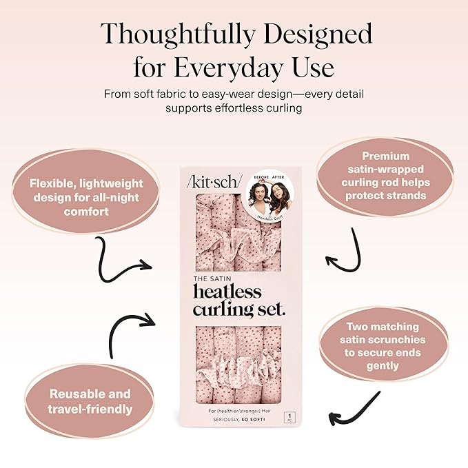 Kitsch Satin Heatless Curling Set – Heatless Curls Overnight with 34" Hair Curler & 2 Satin Scrunchies – Comfortable Hair Curlers to Sleep In for Frizz-Free, No Heat Damage Styling - Micro Dot