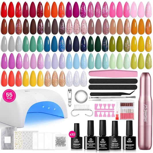 Beetles Gel Nail Polish Kit with U V Light and Nail Drill - 55Pcs Gel Nails Kit 32 Color LuliCore Polka Set with Base Top Coat Professional Manicure Home DIY Set Christmas Gifts for Women Teens Girls