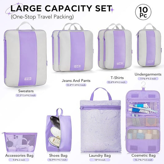 10 Set Compression Packing Cubes for Travel Essentials,Compressible Expandable Packing Cubes for Suitcase,OlarHike Luggage Organizer Bags for Travel,Handy Helper for Organizing Clothes(Light Purple)
