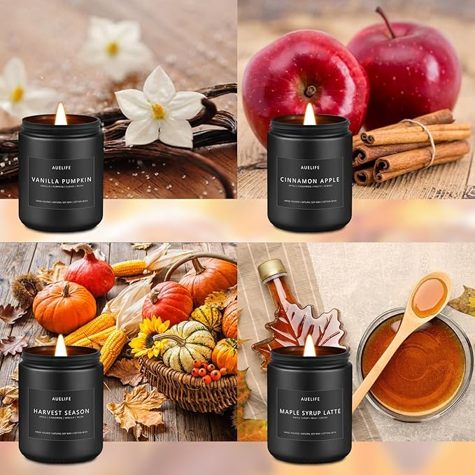 Fall Candles, 4 Pack Soy Candles Set - Autumn Scents of Vanilla Pumpkin, Cinnamon Apple, Harvest Season, Maple Syrup Latte, Aromatherapy Fall Gifts for Men & Women, Thanksgiving Home Decor
