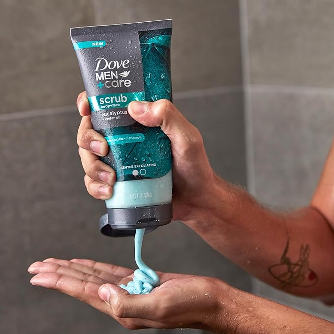 DOVE MEN + CARE Body and Face Scrub Eucalyptus Deeply Exfoliates for Hydrated & Nourished Skin 100% Gentle Cleanser, No Sulfate Cleansers or Parabens 9 oz