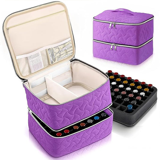 DreamGenius Nail Polish Organizer Case Holds 42 Bottles, Portable Double-Layer Nail Polish Storage Bag with Adjustable Dividers for Manicure Tools, Purple