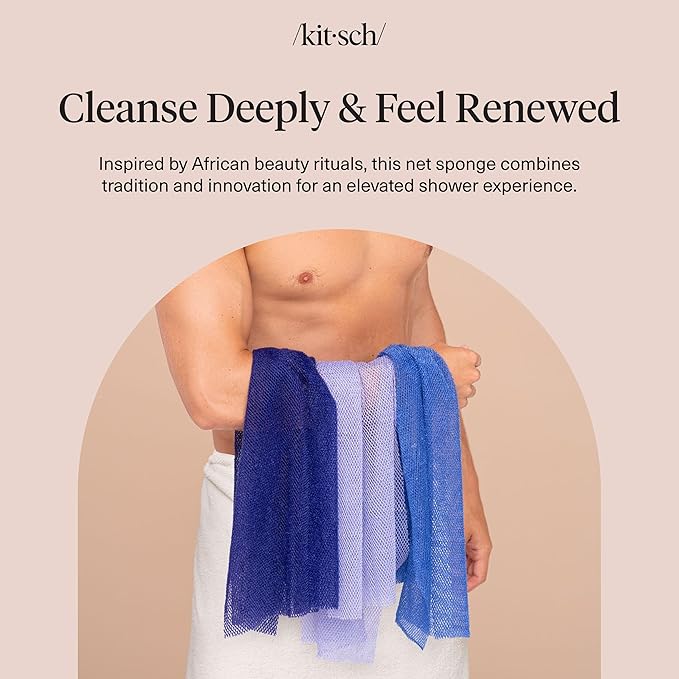 Kitsch African Net Sponge – Exfoliating Body Scrubber for Cleansing & Gentle Daily Exfoliation – Stretchable Bath Sponge for Hard-to-Reach Areas, Long-Lasting Shower Essential - Ocean Blue, 3 Pcs