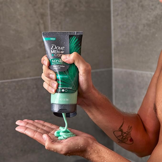 DOVE MEN + CARE Body and Face Scrub Costal Cedar Deeply Exfoliates for Hydrated & Nourished Skin 100% Gentle Cleanser, No Sulfate Cleansers or Parabens, 98% Biodegradable Formula 9 oz