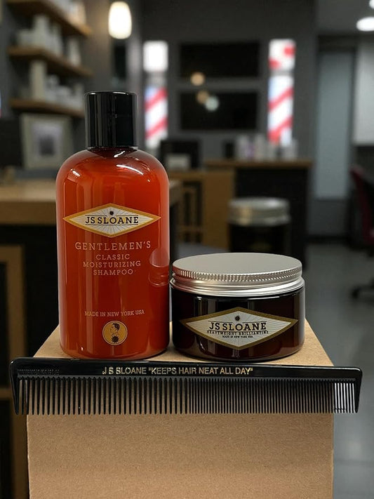 JS Sloane Holiday Gift Set for Men | Includes Gentleman’s Classic Moisturizing Shampoo, Pomade & Comb | Luxury Hair Care & Styling Kit (Heavyweight Brilliantine Pomade)