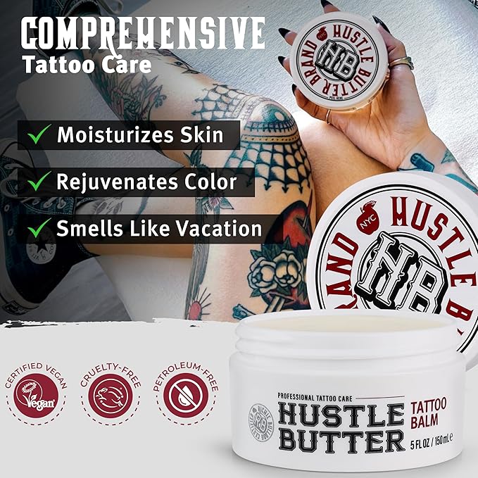 Hustle Butter Tattoo Aftercare 5oz Tattoo Balm, Heals + Protects New Tattoos and Rejuvenates Older Tattoos - 100% Vegan Cream No-Petroleum