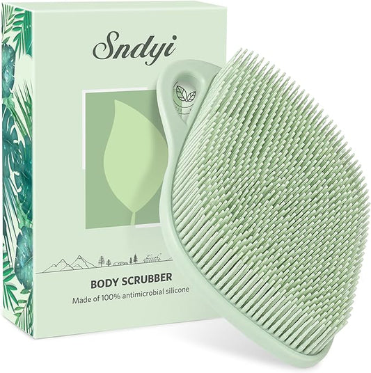 Sndyi Silicone Body Scrubber, Gentle Exfoliating Body Scrubber for Sensitive Skin, Leaf Shaped Shower Scrubber for Body with Lathering Bristles, Silicone Loofah Body Brush for Showering, Green
