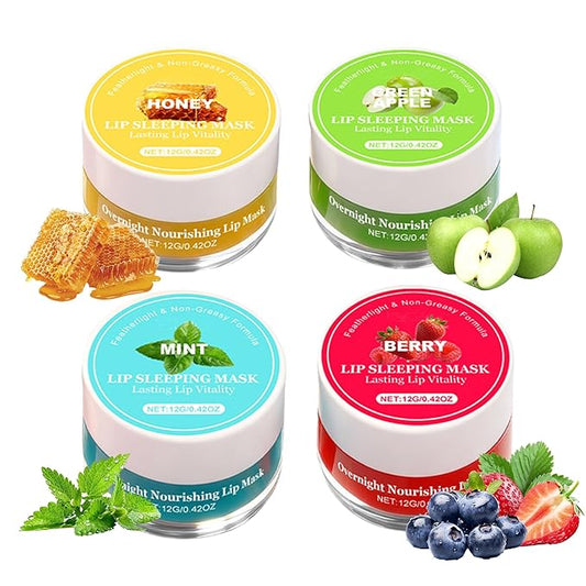 4-Flavor Overnight Lip Mask Set - Hydrating Lip Care for Dry Lips, Gentle Exfoliating Lip Sleeping Mask, Day & Night Moisturizer, Travel-Sized Lip Treatment for Soft, Smooth Lips