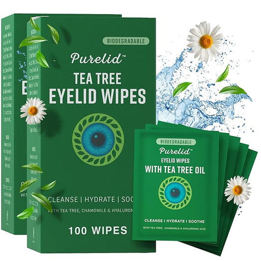 200Pcs Tea Tree Eyelid Wipes – Tea Tree Oil Eye Wipes for People with Dry Eyes & Allergies – Gentle Eyelid Cleanser with Hyaluronic Acid – Individually Wrapped & Biodegradable - 2 Pack