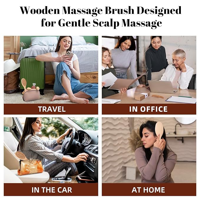 3PCS Solid Wooden Hair Brush and Small Wood Comb, Detangling Brush with Natural Bristles, Portable Scalp Massage Kit for All Hair Types, Wood Haircare Gift for Women/Men