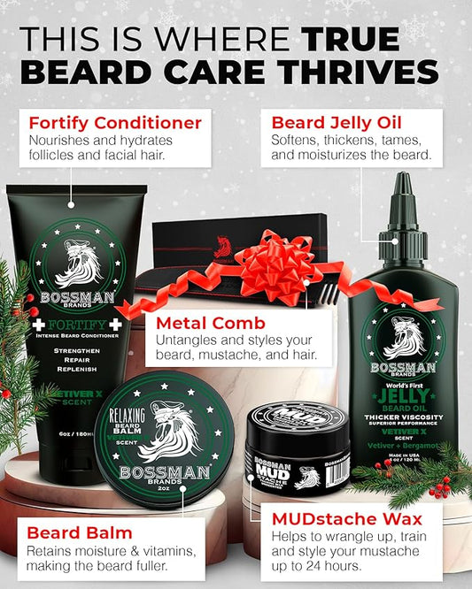 Bossman Complete Beard Kit – Men's Beard Oil Jelly, Fortifying Shower Conditioner, Balm, Mustache Wax & Comb – Beard Softener & Grooming Care – Men Gift Set (Naked Unscented)