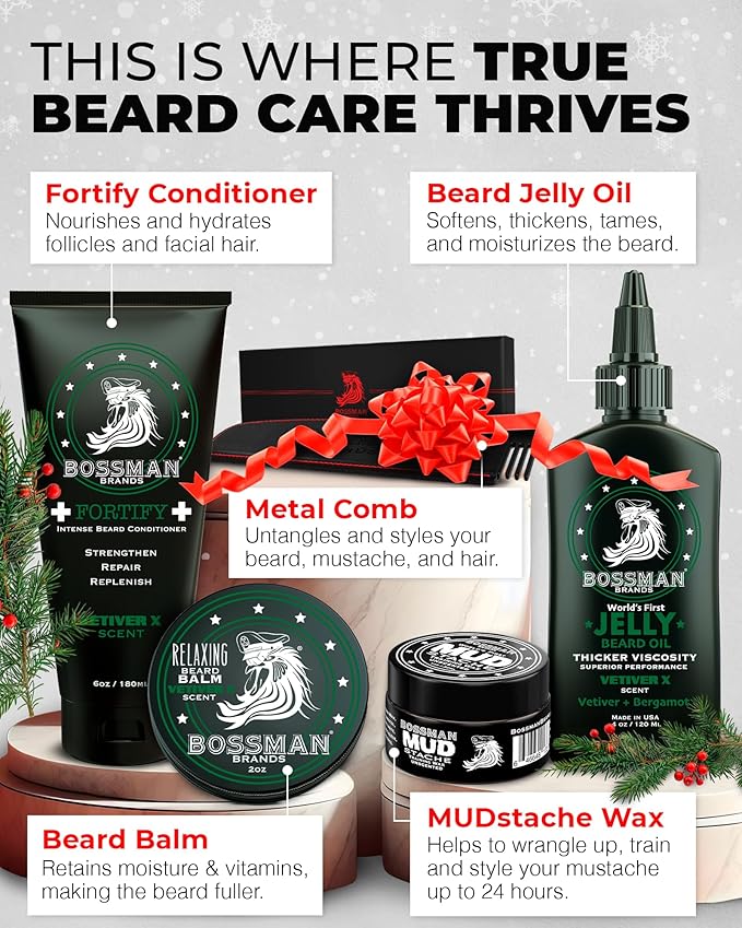 Bossman Complete Beard Kit – Men's Beard Oil Jelly, Fortifying Shower Conditioner, Balm, Mustache Wax & Comb – Beard Softener & Grooming Care – Men Gift Set (Hammer Scent)