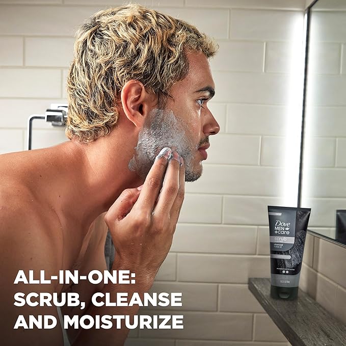 DOVE MEN + CARE Body and Face Scrub Charcoal & Clove Oil Deeply Exfoliates for Hydrated & Nourished Skin 100% Gentle Cleanser, No Sulfate Cleansers or Parabens 9 oz