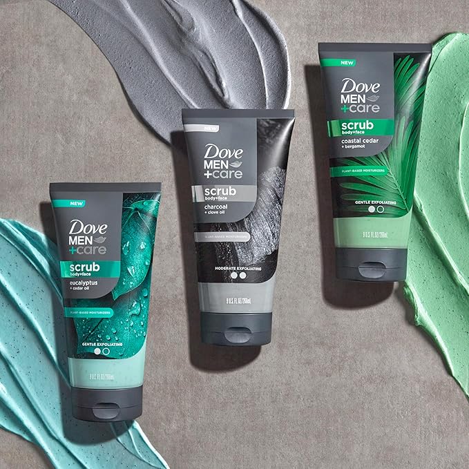 DOVE MEN + CARE Body and Face Scrub Eucalyptus Deeply Exfoliates for Hydrated & Nourished Skin 100% Gentle Cleanser, No Sulfate Cleansers or Parabens 9 oz