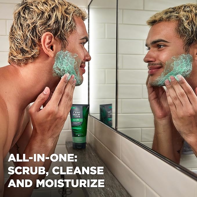 DOVE MEN + CARE Body and Face Scrub Costal Cedar Deeply Exfoliates for Hydrated & Nourished Skin 100% Gentle Cleanser, No Sulfate Cleansers or Parabens, 98% Biodegradable Formula 9 oz