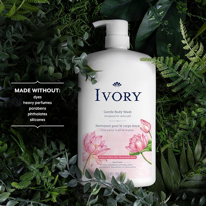 Ivory Body Wash, Designed for the Whole Family, Gentle Formula, Free of Dyes Heavy Perfumes Parabens Phthalates & Silicones, Water Lily Scent, 35 oz