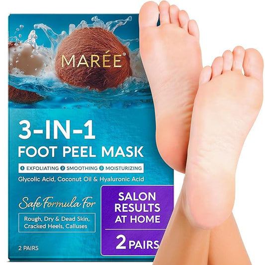 MAREE Foot Peeling Mask – 3-in-1 Foot Mask for Dry Cracked Feet, Callus Remover – Dead Skin Exfoliating Foot Peel Mask with Glycolic Acid – Moisturizing Socks for Men – Spa Self Care Gifts for Women