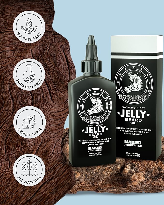 Bossman Jelly Beard Oil for Men (4 oz, Naked - Unscented) – Softens, Moisturizes & Conditions with Natural Ingredients